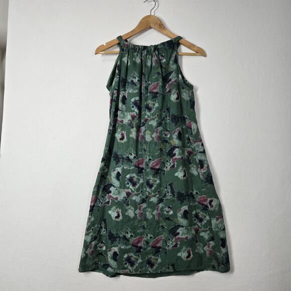 Bellambra Pure Linen Shift Dress sz XS Green Print Sleeveless Tie Neck Italy - Picture 4 of 12